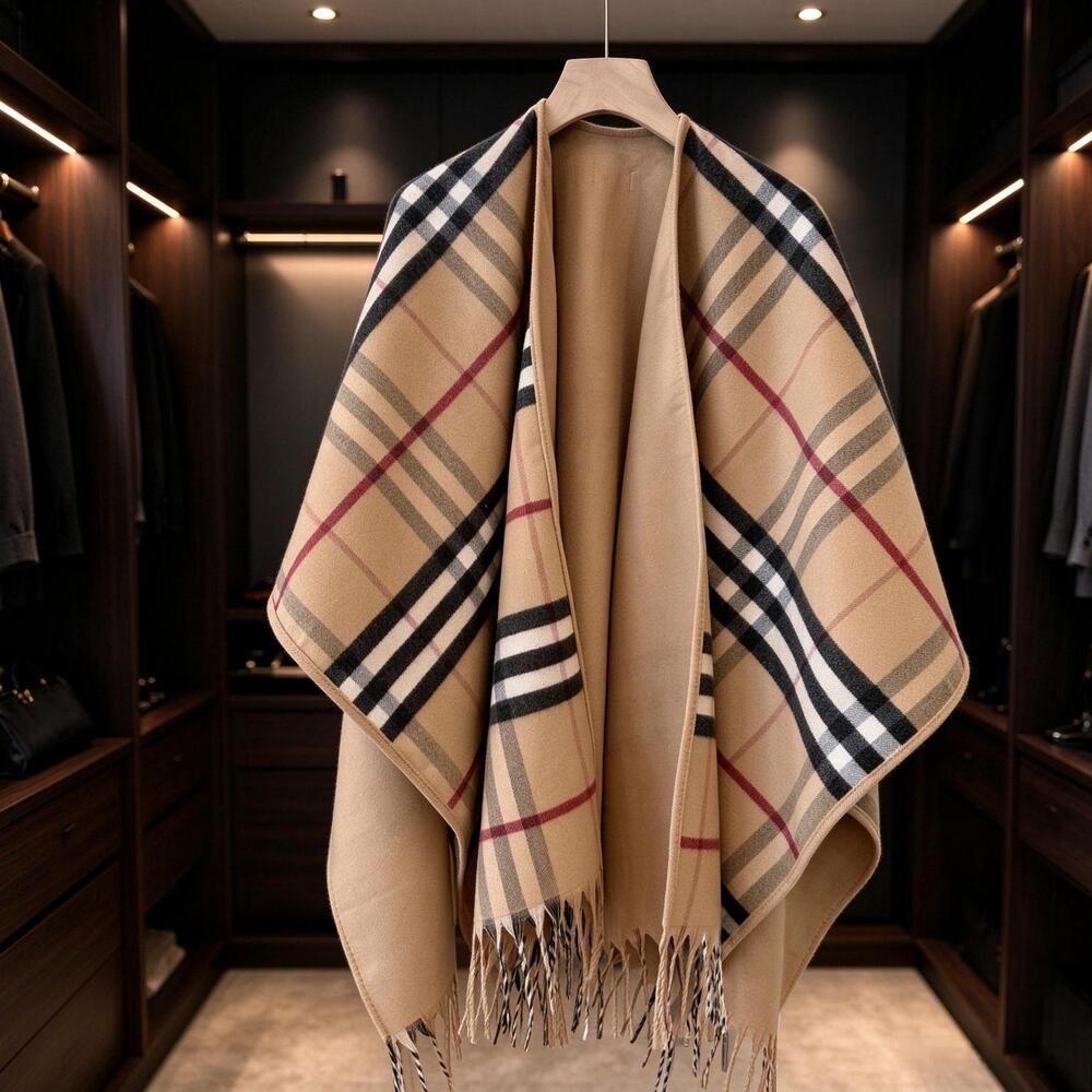 Burberry Reversible Classic Check Wool Cape Poncho with Fringe